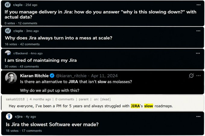Reddit and Hacker News posts about Jira being slow and hard to maintain