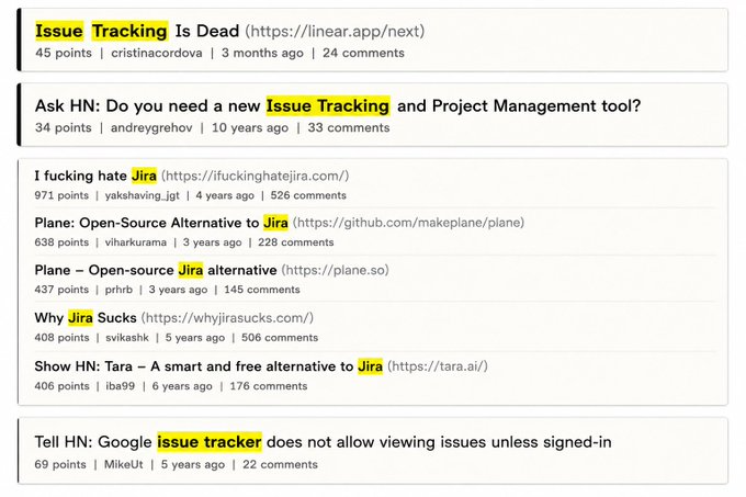 Hacker News search results for issue tracking and Jira alternatives