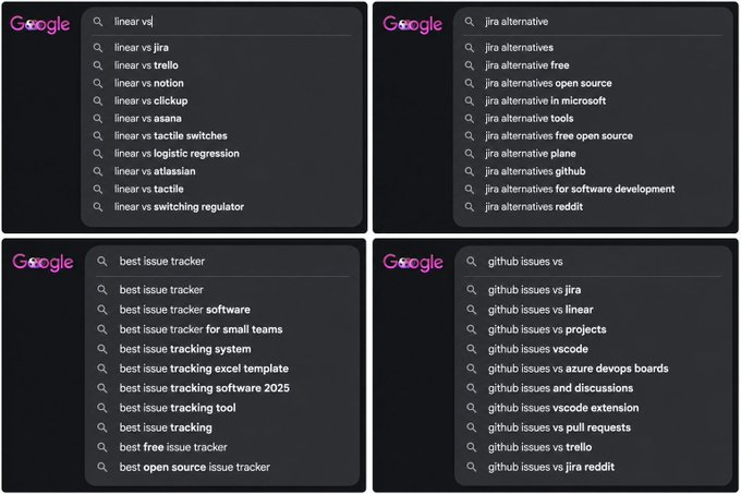 Google autocomplete suggestions for linear vs jira and jira alternatives