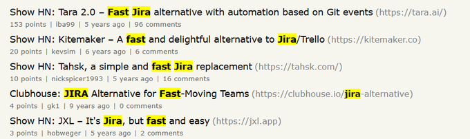 Hacker News posts advertising fast Jira alternatives