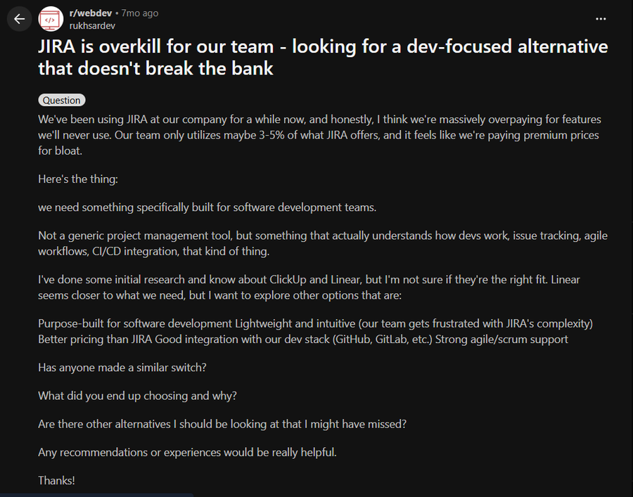 Reddit post asking for a dev-focused Jira alternative